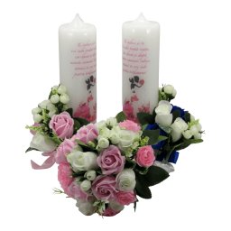 Set 2 lumanari cununie + un buchet mireasa, flori roz, albastre si albe - ALIF305050