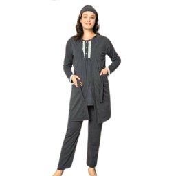 Compleu maternitate, 4 piese, Pijama+ Halat gravide, Sella, Soft Black, maneca lunga