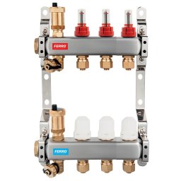 Distribuitor/colector 1" din inox 3 circuite cu debitmetre si robineti termostatati