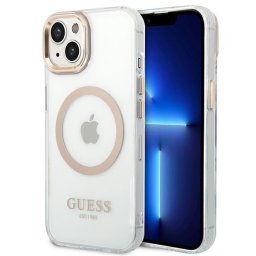 Husa Husa telefon Guess pentru iPhone 14, Transparent MagSafe, Plastic, Auriu