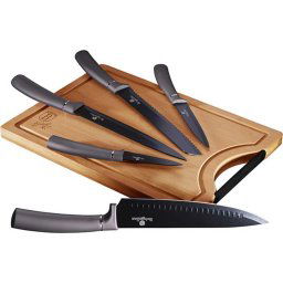 Set 5 cutite de bucatarie Cu tocator, Inox, Lemn, Multicolor