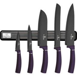 Set 5 cutite de bucatarie, Cu suport magnetic, Inox, Negru, Mov