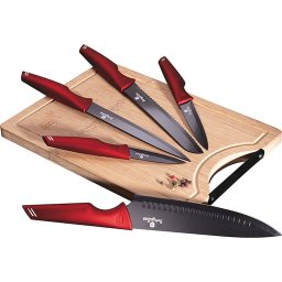 Set de cutite, BH/2704, Placa de taiat, Bambus, 6 bucati, Metallic Line, Visiniu/Negru