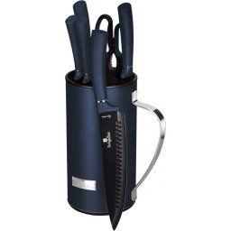 Set de cutite, foarfeca, si suport Inox/Silicon, Negru/Bleumarin