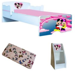 Pat copii Minnie si Mickey 160x80 cu saltea 2-12 ani si etajera Cadou