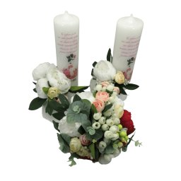 Set 2 lumanari cununie + un buchet mireasa, bujori de matase - ALIF305089