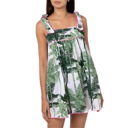 JULIET DUNN Rochie Palm Tree Print Tie Shoulder Baby Doll Dress - L JD6059-GRN/NEN PNK greens/neon pink