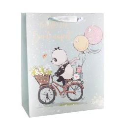 Ursuleț panda pe bicicletă, pungă cadou cu model - 26 x 32 cm