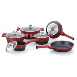 Herenthal Set vase pentru gatit cu interior marmorat antiaderent, 10 piese, rosu/negru