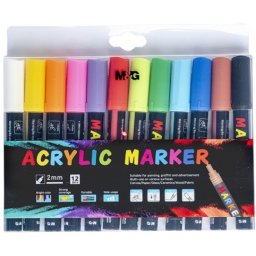 Marker cu vopsea acrilica, varf rotund, 2mm, 12 culori/set, M&G