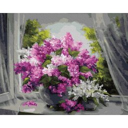 Set pictura pe numere, cu sasiu, Buchet de liliac la fereastra, 40x50 cm