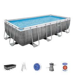 Piscina structura metalica, dreptunghiulara, cu filtru, pompa, scara, dozator, prelata acoperire, gri, 488x244x122 cm, Bestway Power Steel