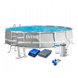 Piscina structura metalica, rotunda, cu filtru, pompa, scara, prelata acoperire, gri, 457x107 cm, Intex Prism Frame