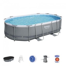 Piscina structura metalica, ovala, cu filtru, pompa, scara, dozator, prelata acoperire, gri, 488x305x107 cm, Bestway Power Steel