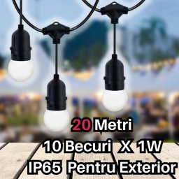 Pachet ghirlanda cu pendule 20m, E27, IP65 + 20 becuri LED 1W lumina rece