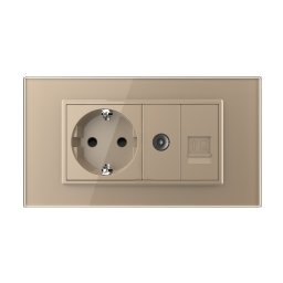 Priza Dubla Livolo cu Rama din Sticla 1 Priza Schuko+TV/internet, Standard Italian Serie Noua, Auriu, VL-C9-C2EU/VC-13