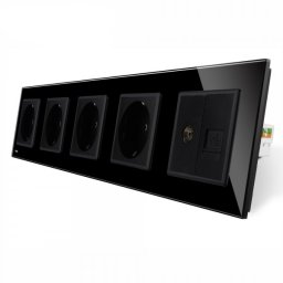 Priza cvintupla + priza TV Internet Livolo cu rama din sticla negru, VL-C7C5EU/VC-12