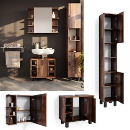 LILI218 - Set Mobilier Baie LILI: masca chiuveta 60 cm, dulap oglinda, dulapior inalt - Maro