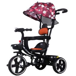 Tricicleta cu pedale si maner parental pentru copii 2-6 ani, NBW, copertina retractabila, Rosu