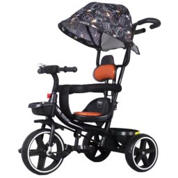 Tricicleta cu pedale, Copertina retractabila, 2 - 6 ani, Negru, Maner parental