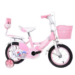 Bicicleta 12 inch cu doua locuri, NBW, roti ajutatoare, frane si cos de jucarii, 2-5 ani, Roz