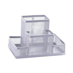 Organizer metalic Mesh, de birou, 4 compartimente, Q-Connect - argintiu