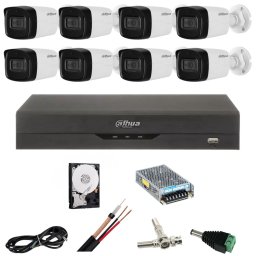 Kit de supraveghere Dahua cu 8 camere de 5 Megapixeli, Infrarosu 80m, DVR cu 8 canale, Hard Disk 2 TB, Accesorii
