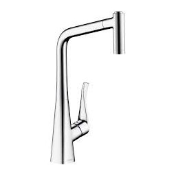 Baterie bucatarie Hansgrohe gama Metris 320, cu dus extractibil, otel inoxidabil