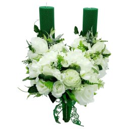 Set 2 lumanari cununie + buchet mireasa, cu flori de matase, alb-verde - FEIS307008