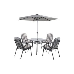 Set mobilier gradina, gri, otel, 4 persoane, 6 piese, masa + 4 scaune + umbrela, inlude perne , Colorado