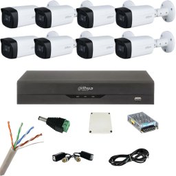 Kit de supraveghere cu 8 camere Dahua de 5 Megapixeli, IR 80m, Starlight, DVR de 8 canale 8MP, Accesorii