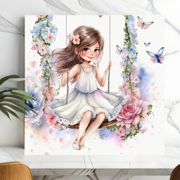 Tablou Canvas Fetita Frumoasa in Leagan cu Flori DGP37 (Optiuni Tablou: 140x140cm)