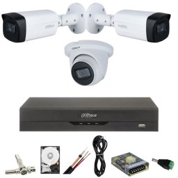 Sistem de supraveghere Dahua cu 3 camere 5MP, 2 exterior IR 80m, 1 interior,IR 30M, Starlight, DVR Dahua 4 canale, 5 MP, Hard, Accesorii incluse