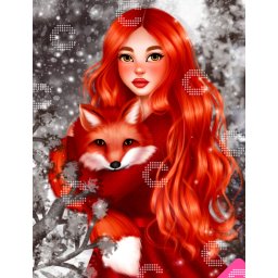 Set goblen cu diamante rotunde AB carat.art, fara sasiu, Fata - vulpe, 50x65 cm