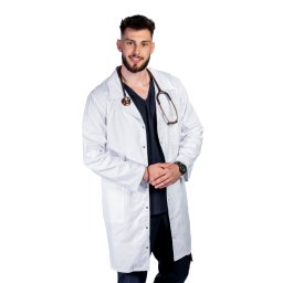 Halat medical alb lung barbatesc, cu guler tip rever si trei buzunare , maneca lunga