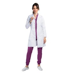 Halat medical alb, dama, cu guler cu rever ,inchidere capse, doua buzunare si maneca lunga