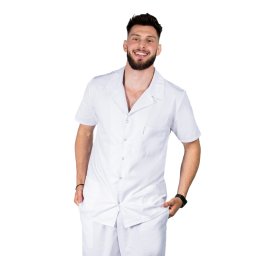 Halat medical alb barbatesc scurt cu guler tip rever si trei buzunare , maneca scurta