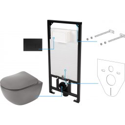 Set vas wc suspendat gri cu rezervor incastrat, capac soft close si clapeta,Deante Peonia