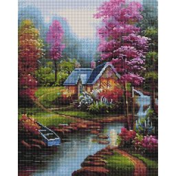 Set goblen cu diamante, cu sasiu, Casa langa rau, 40x50 cm