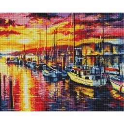Set goblen cu diamante, cu sasiu, Rasarit in port, 40x50 cm