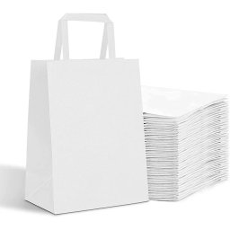 Sacose hartie cu maner banda, 26+17 x 27 cm, hartie alba 70g, set 100 bucati