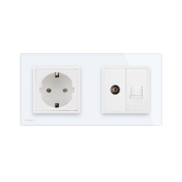 Priza dubla Livolo cu rama din sticla 1 priza Schuko+TV/internet, Alb, VL-C7C2EU/VC-11