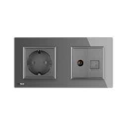 Priza dubla Livolo cu rama din sticla 1 priza Schuko+TV/internet, Gri, VL-C7C2EU/VC-15