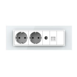 Priza Tripla cu Blank Livolo cu Rama din Sticla 2 Prize Schuko+TV/internet, Standard Italian Serie Noua, Alb, VL-C9-C3EU/VC-11