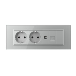 Priza Tripla cu Blank Livolo cu Rama din Sticla 2 Prize Schuko+TV/internet, Standard Italian Serie Noua, Gri, VL-C9-C3EU/VC-15