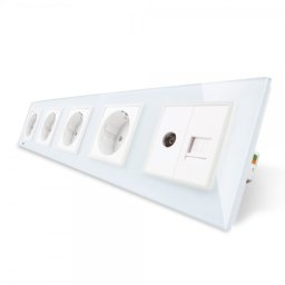 Priza cvintupla + priza TV Internet Livolo cu rama din sticla alb, VL-C7C5EU/VC-11