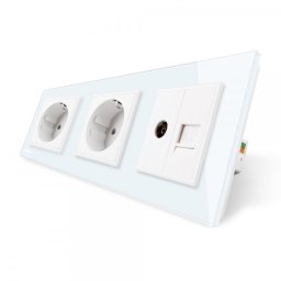 Priza tripla Livolo cu rama din sticla 2 prize simple+TV/internet alb, VL-C7C3EU/VC-11