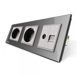 Priza tripla Livolo cu rama din sticla 2 prize simple+TV/internet gri, VL-C7C3EU/VC-15
