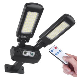 Lampă de perete solară dublă Maclean MCE447 cu senzor de mișcare și amurg IP54 5W 2x 450 lumeni 6500K Două surse de lumină Telecomandă Lampă stradală exterioară