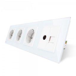 Priza cvadrupla Livolo cu rama din sticla 3 prize simple+TV/internet alb, VL-C7-C4EU/VC-11